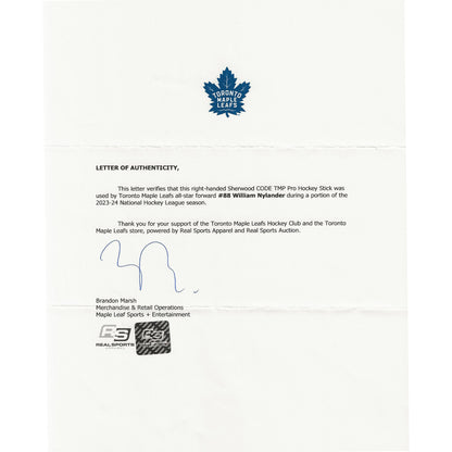 William Nylander Game-Used 2023-24 Sherwood CODE TMP Pro Stick