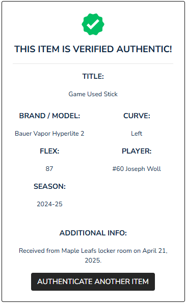 Joseph Woll Game-Used & Autographed Bauer Vapor Hyperlite 2 Stick
