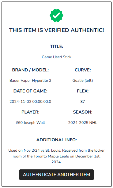 Joseph Woll Game-Used & Autographed Bauer Stick- November 2, 2024 vs STL