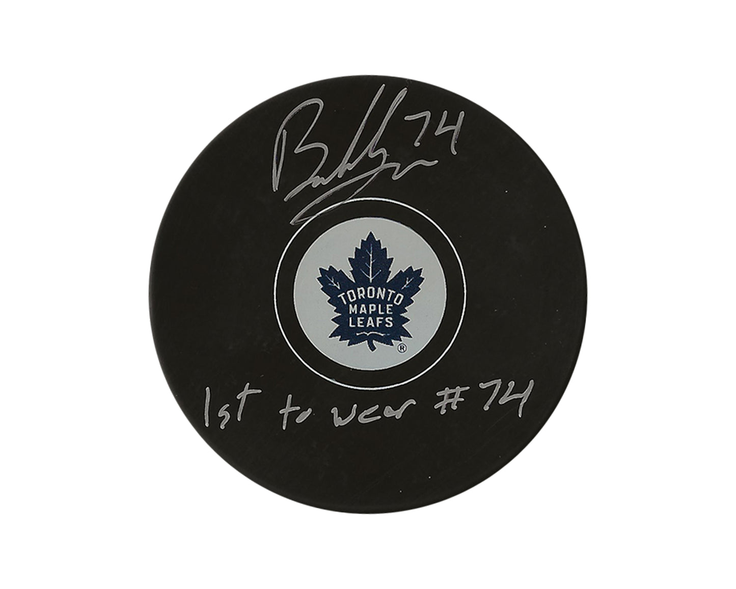 Bobby McMann Autographed Toronto Maple Leafs Autograph Model Puck Inscribed "1st to Wear #74"