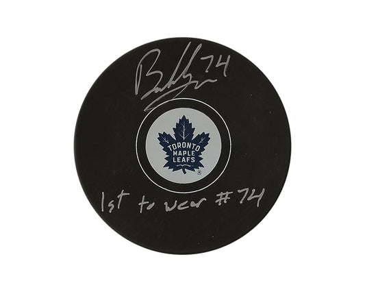 Bobby McMann Autographed Toronto Maple Leafs Autograph Model Puck Inscribed "1st to Wear #74"