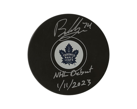 Bobby McMann Autographed Toronto Maple Leafs Autograph Model Puck Inscribed "NHL Debut 1/11/2023"