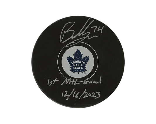 Bobby McMann Autographed Toronto Maple Leafs Autograph Model Puck Inscribed "1st NHL Goal 12/16/2023"