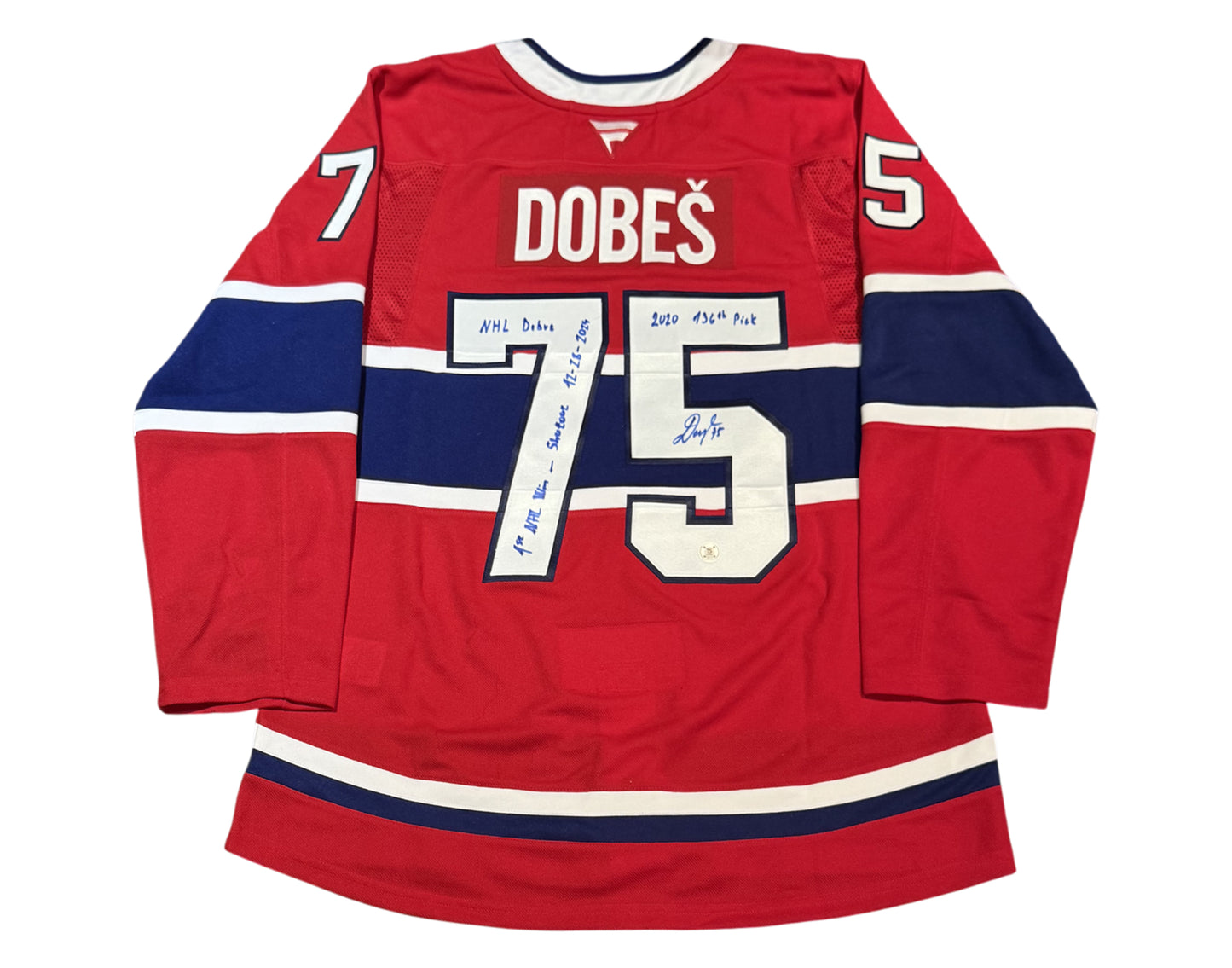 Jakub Dobes Autographed Montreal Canadiens Home Red Fanatics Premium Jersey Multi-inscribed