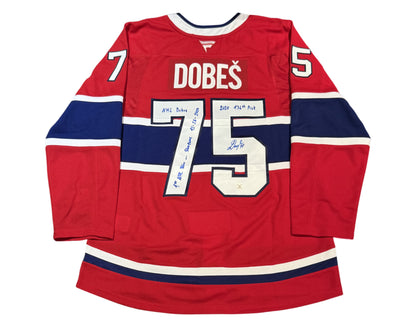 Jakub Dobes Autographed Montreal Canadiens Home Red Fanatics Premium Jersey Multi-inscribed