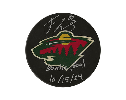 Filip Gustavsson Autographed Minnesota Wild Souvenir Puck Inscribed "Goalie Goal"