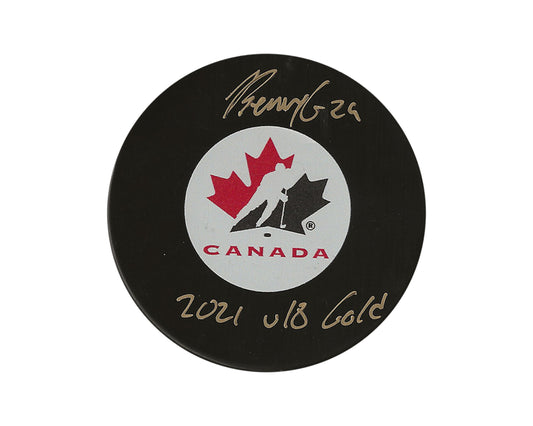 Ben Gaudreau Autographed Team Canada Autograph Model Puck Inscribed "2021 U18 Gold"