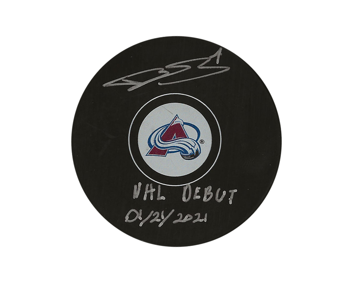 Bowen Byram Autographed Colorado Avalanche Autograph Model Puck Inscribed "NHL Debut 01/21/2021"