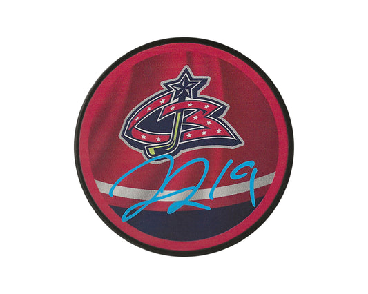 Liam Foudy Autographed Columbus Blue Jackets Reverse Retro Souvenir Puck