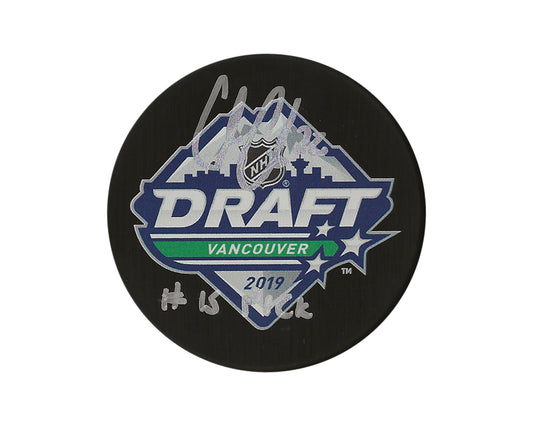 Cole Caufield Autographed 2019 NHL Draft Puck Inscribed "#15 Pick"