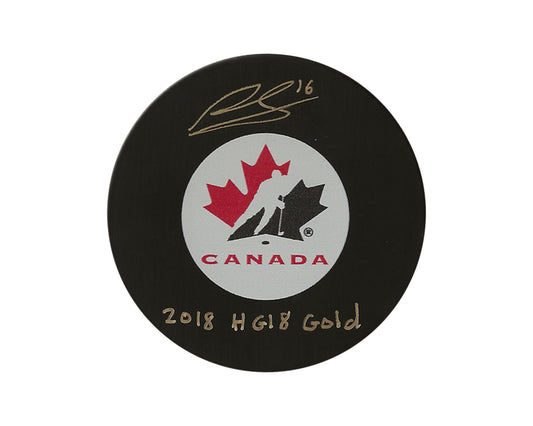 Ryan Suzuki Autographed Team Canada Autograph Model Puck Inscribed "2018 HG18 Gold"