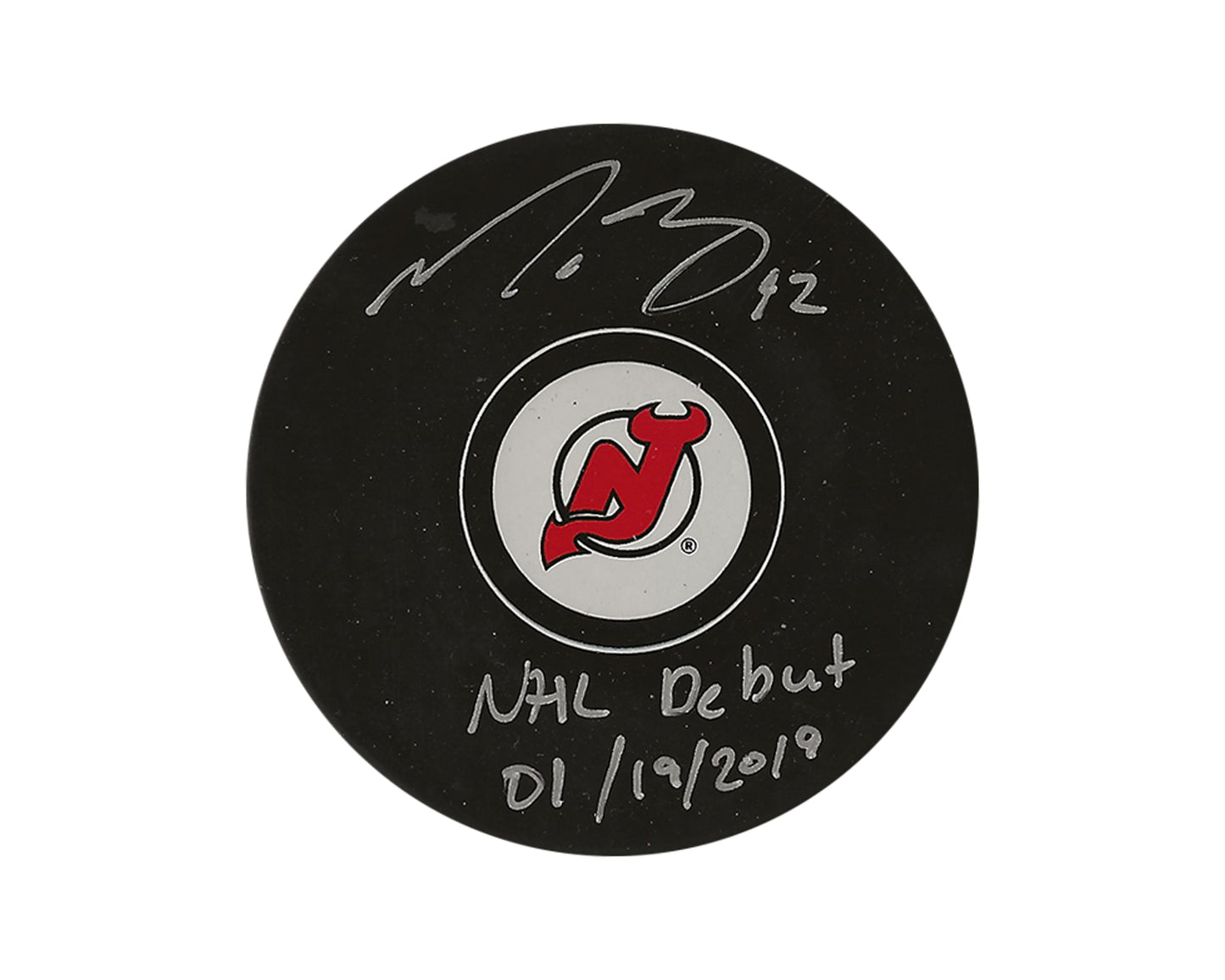 Nathan Bastian Autographed New Jersey Devils Autograph Model Puck Inscribed "NHL Debut 01/19/2019"