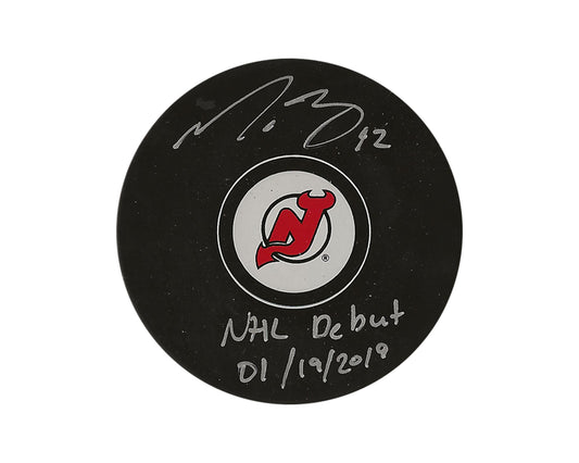 Nathan Bastian Autographed New Jersey Devils Autograph Model Puck Inscribed "NHL Debut 01/19/2019"