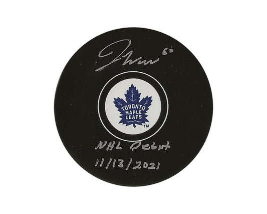 Joseph Woll Autographed Toronto Maple Leafs Autograph Model Puck Inscribed "NHL Debut 11/13/2021"