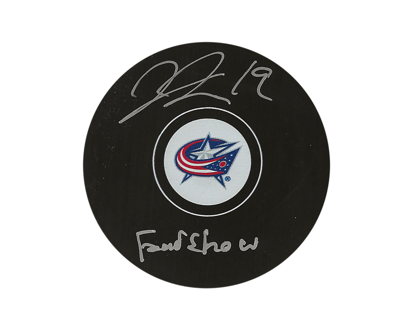 Liam Foudy Autographed Columbus Blue Jackets Autograph Model Puck Inscribed "Foudshow"