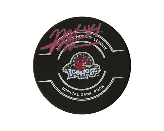 Mackenzie Entwistle Autographed Rockford Ice Hogs Official Game Puck