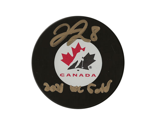 Liam Foudy Autographed Team Canada Autograph Model Puck Inscribed "2021 WC Gold"