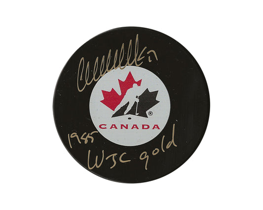 Wendel Clark Autographed Team Canada Autograph Model Puck Inscribed "1985 WJC Gold"