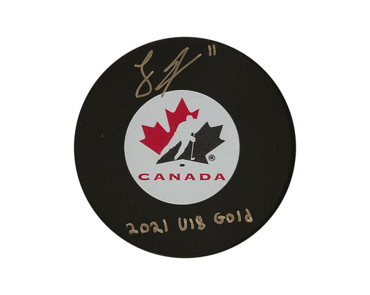 Logan Stankoven Autographed Team Canada Autograph Model Puck Inscribed "2021 U18 Gold"