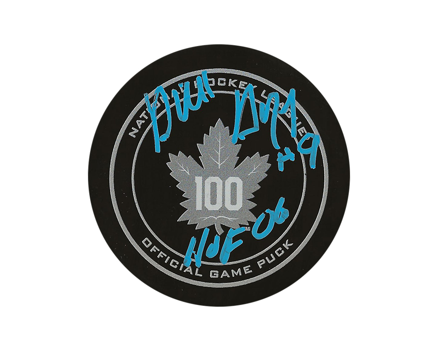 Dick Duff Autographed Toronto Maple Leafs 100th Anniversary Official Game Puck Inscribed "HOF 06"