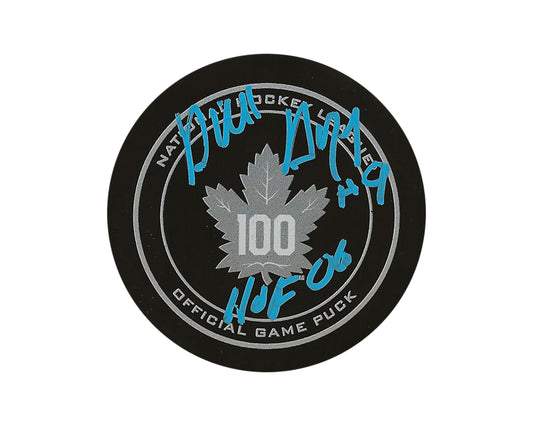 Dick Duff Autographed Toronto Maple Leafs 100th Anniversary Official Game Puck Inscribed "HOF 06"