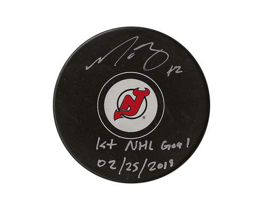Nathan Bastian Autographed New Jersey Devils Autograph Model Puck Inscribed "1st NHL Goal 02/25/2019"
