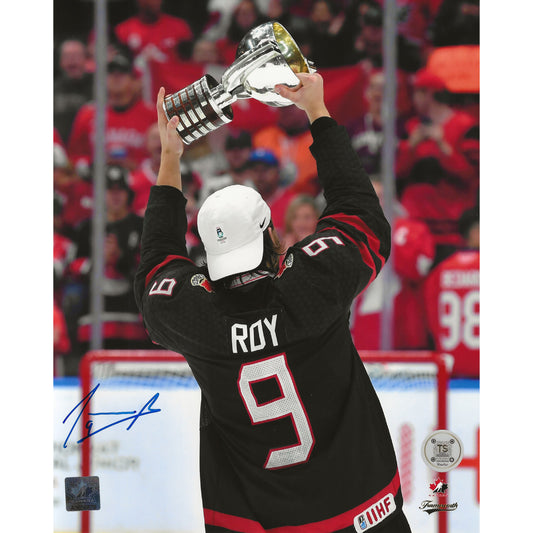 Joshua Roy Autographed Team Canada 2022 World Juniors Celebrating w/ Trophy 8x10 Photo