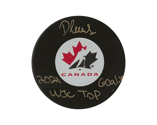 Devon Levi Autographed Team Canada Autograph Model Puck Inscribed "2021 WJC Top Goalie"