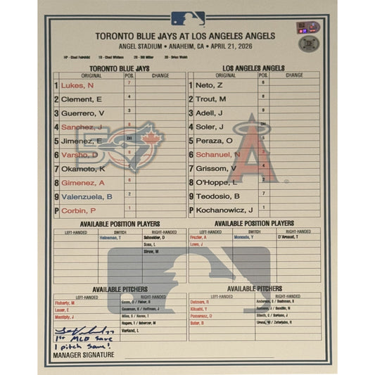 Louis Varland Autographed April 21, 2026 Scorecard Inscribed "1st MLB Save!"