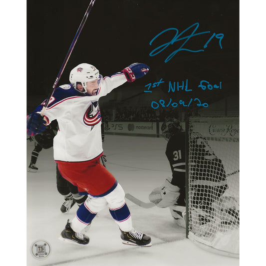 Liam Foudy Autographed Columbus Blue Jackets Goal Celebration Spotlight 8x10 Photo Inscribed "1st NHL Goal 08/09/20"