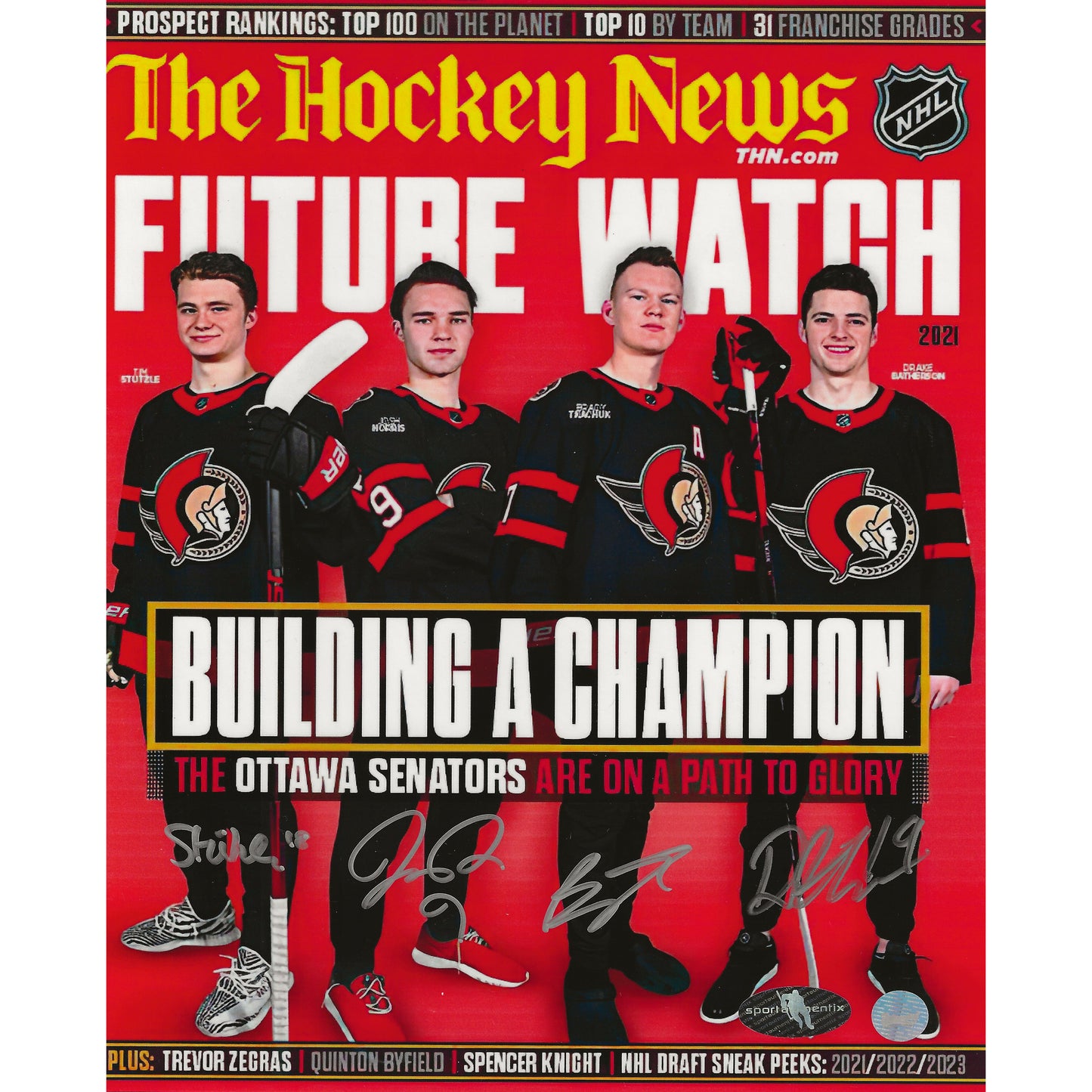 Tim Stützle, Josh Norris, Brady Tkachuk & Drake Batherson Autographed Ottawa Senators The Hockey News Future Watch 8x11 Magazine Cover