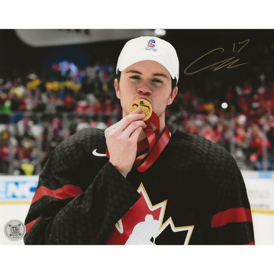 Connor McMichael Autographed Team Canada 2020 World Juniors Biting the Gold Medal 8x10 Photo