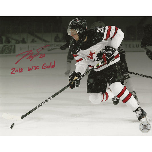 Michael McLeod Autographed Team Canada World Juniors Spotlight Inscribed "2018 WJC Gold" 8x10 Photo