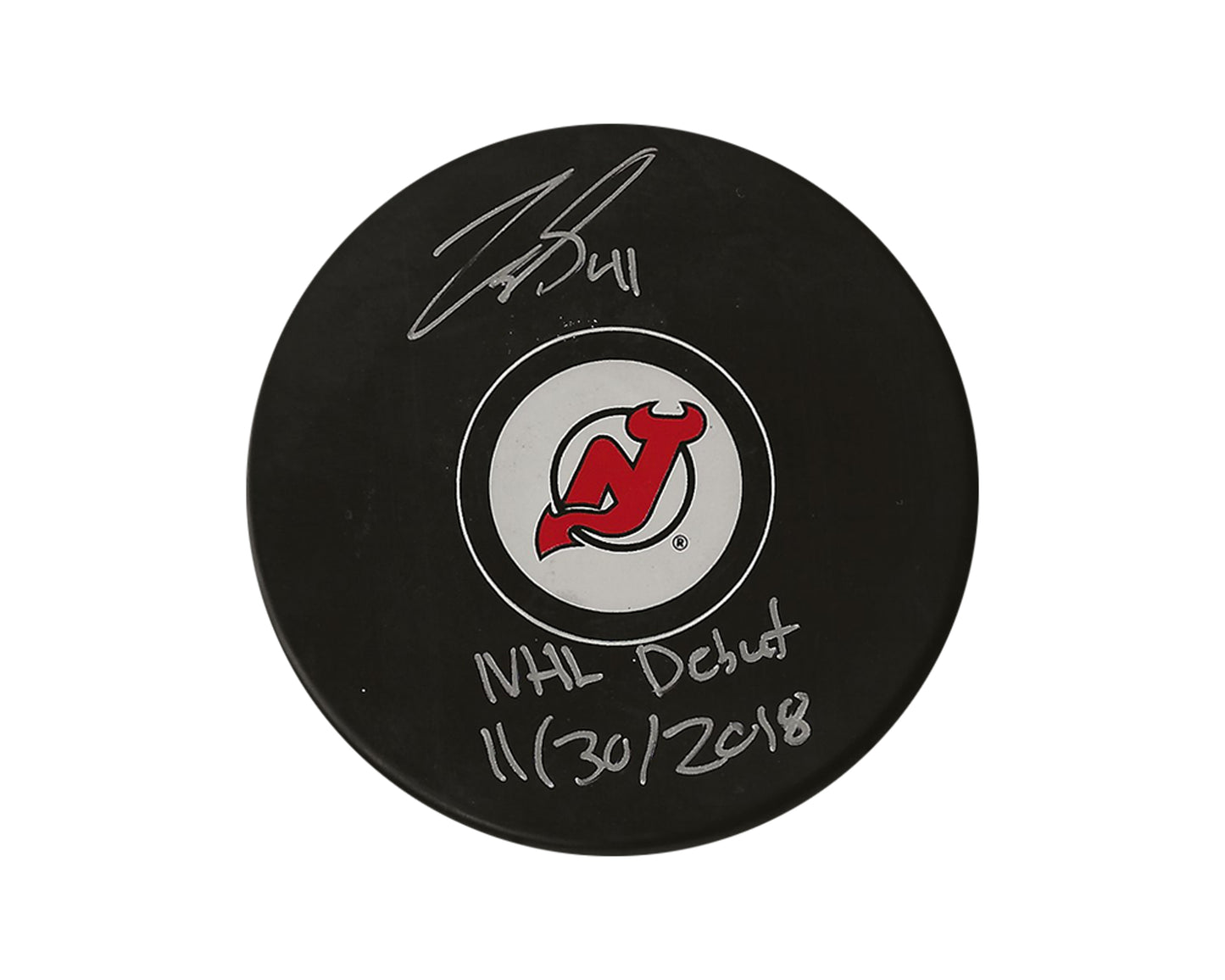 Michael McLeod Autographed New Jersey Devils Autograph Model Puck Inscribed "NHL Debut 11/30/2018"