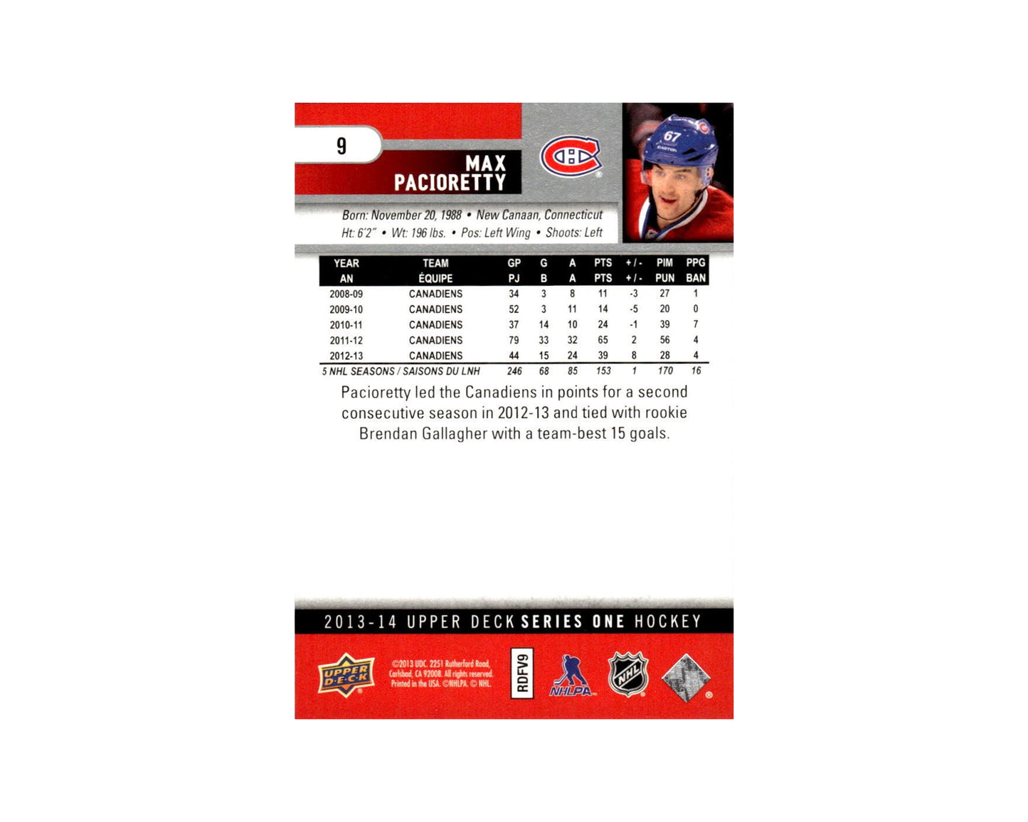 Max Pacioretty Autographed 2013-14 Upper Deck Series 1 #9 Hockey Card