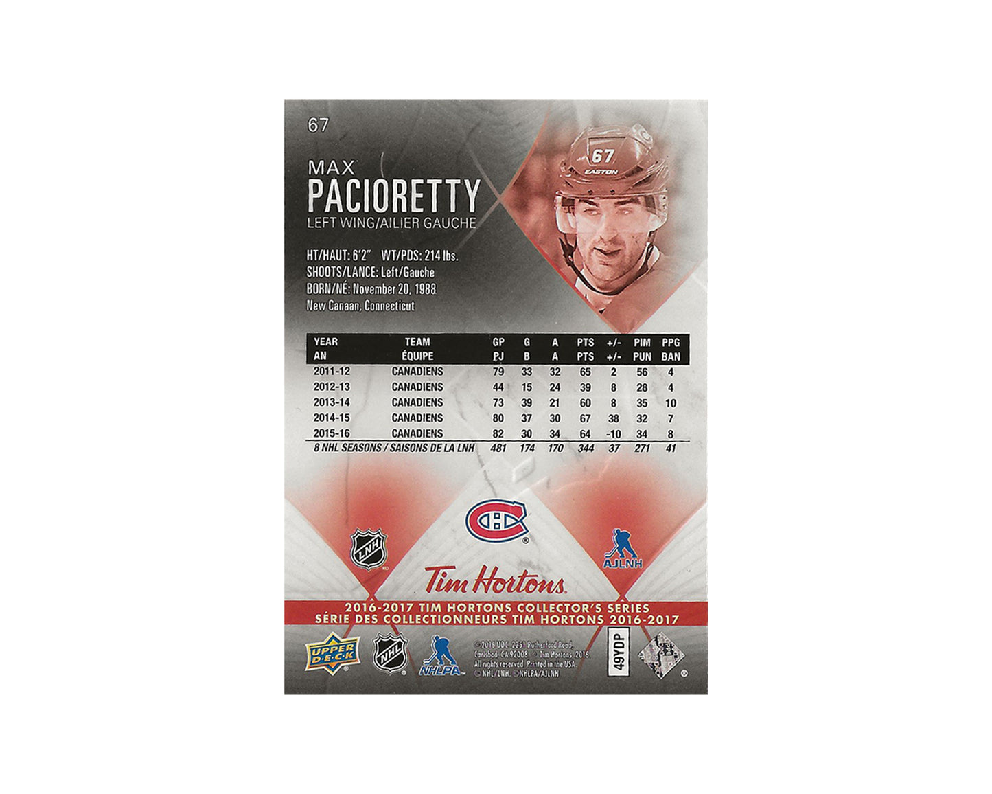 Max Pacioretty Autographed 2016-17 Upper Deck Tim Hortons #67 Hockey Card