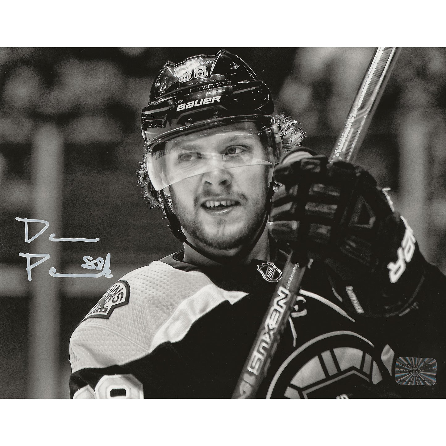 David Pastrnak Autographed Boston Bruins Close-up B&W 8x10 Photo