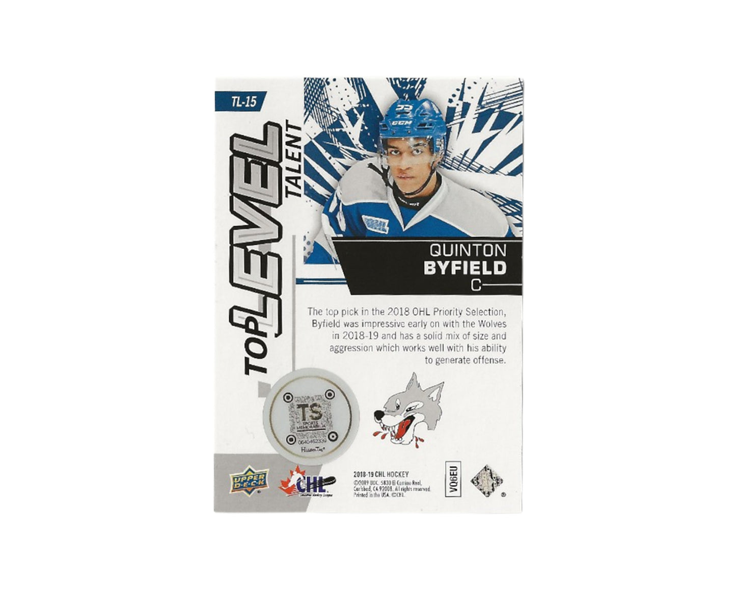Quinton Byfield Autographed 2018-19 Upper Deck CHL Top Level Talent #TL-15 Hockey Card