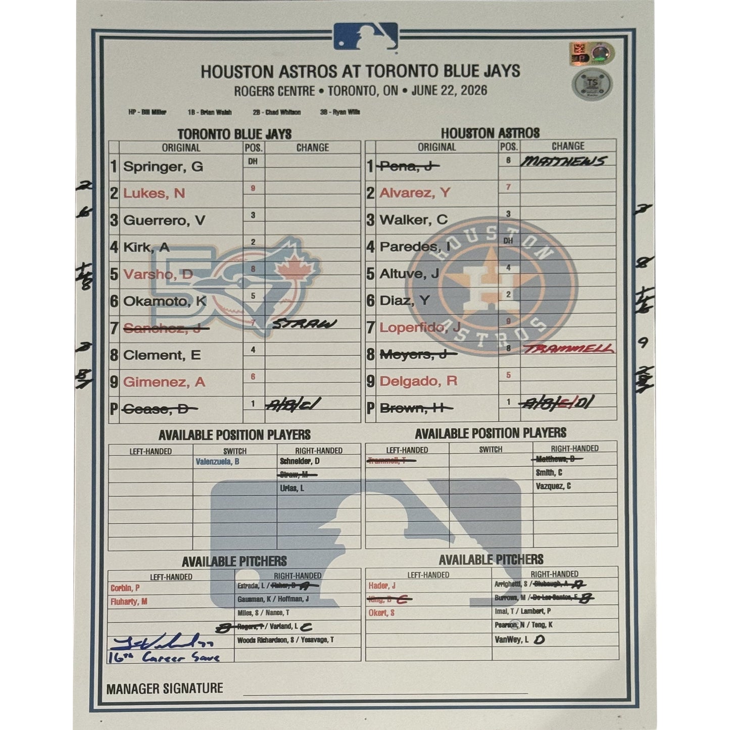 Louis Varland Autographed Game-Used June 22, 2026 Scorecard Inscribed "16th Career Save"