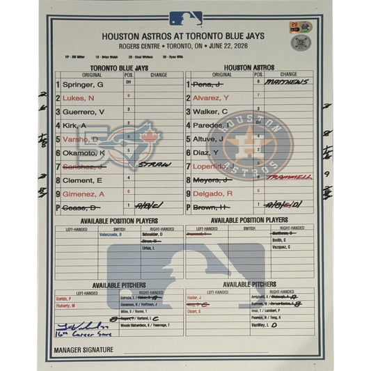 Louis Varland Autographed Game-Used June 22, 2026 Scorecard Ins 16th Career Save