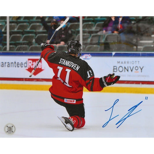 Logan Stankoven Autographed Team Canada 2021 U18 Goal Celebration 8x10 Photo