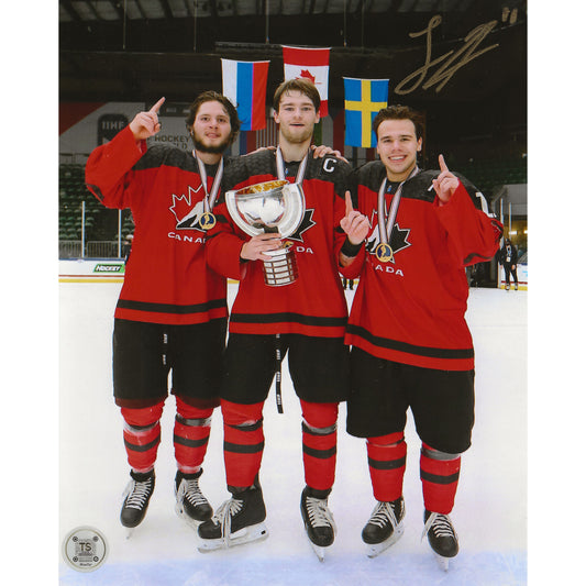 Logan Stankoven Autographed Team Canada 2021 U-18 Captains w/ Trophy Celebration 8x10 Photo