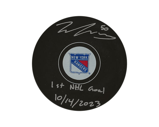 Will Cuylle Autographed New York Rangers Autograph Model Puck Inscribed "1st NHL Goal 10/14/2023"